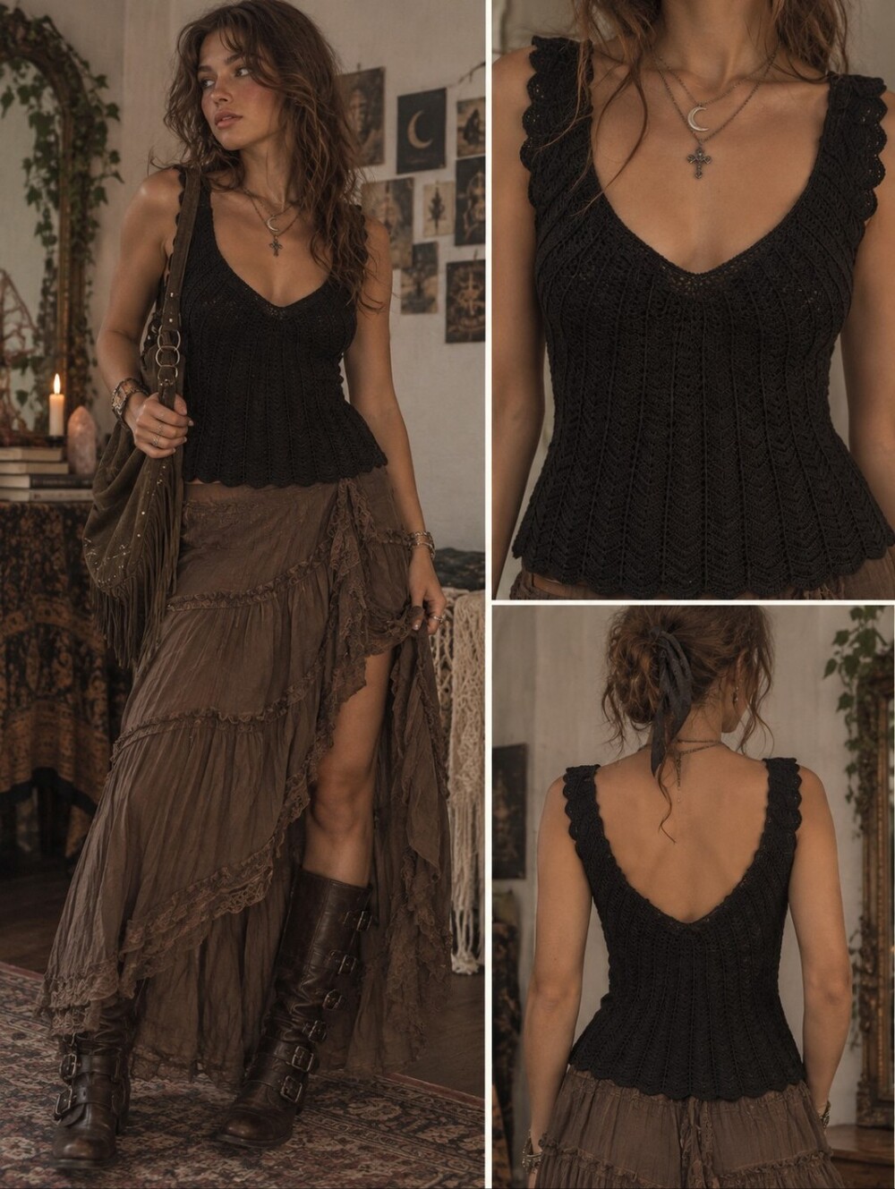 Vintage Y2K The Limited Handknit Black Crochet Knit Top L Scalloped